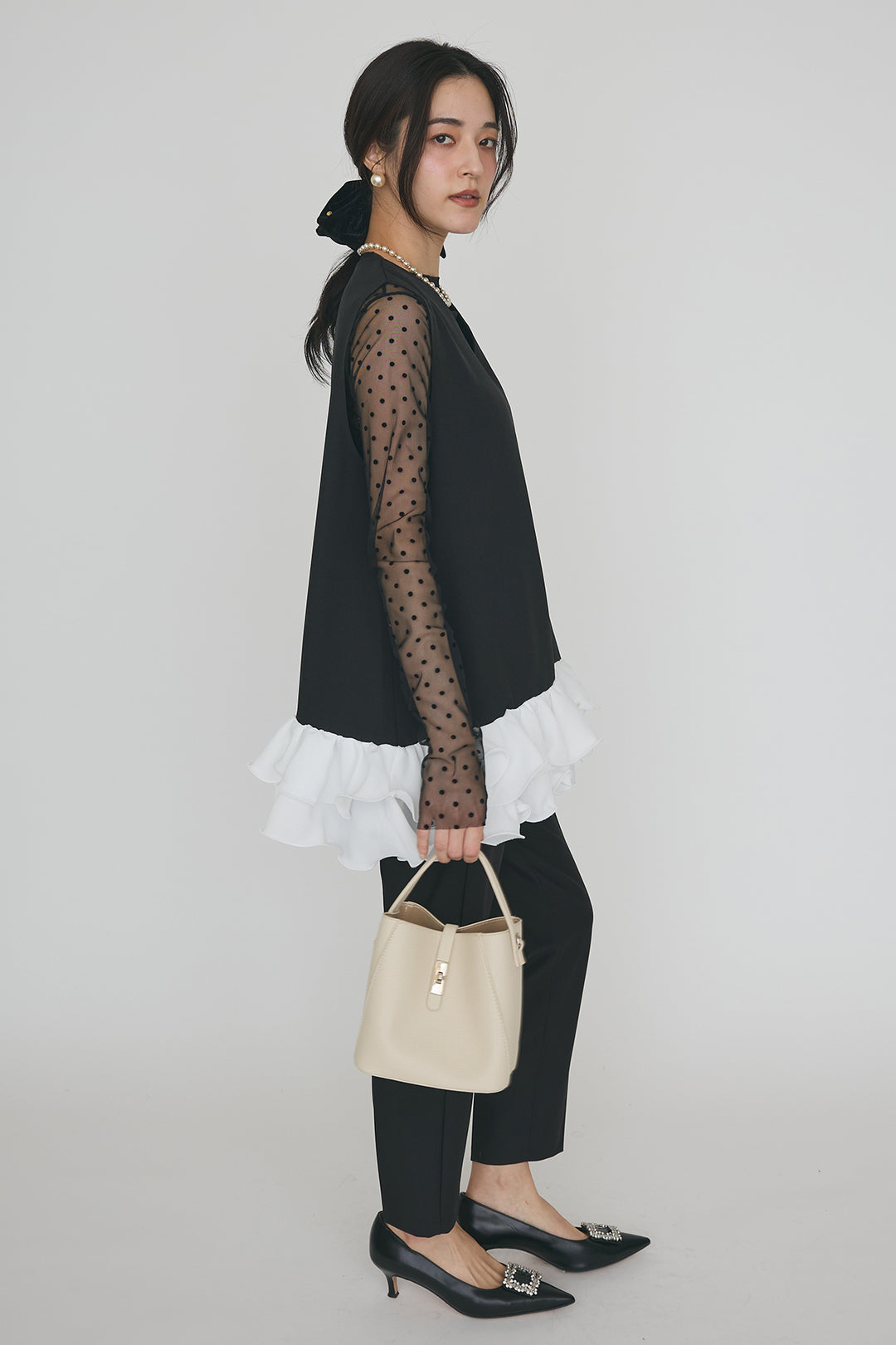 [予約/SET]異素材フリルヘムVネックチュニック+タックテーパードパンツ(2set)