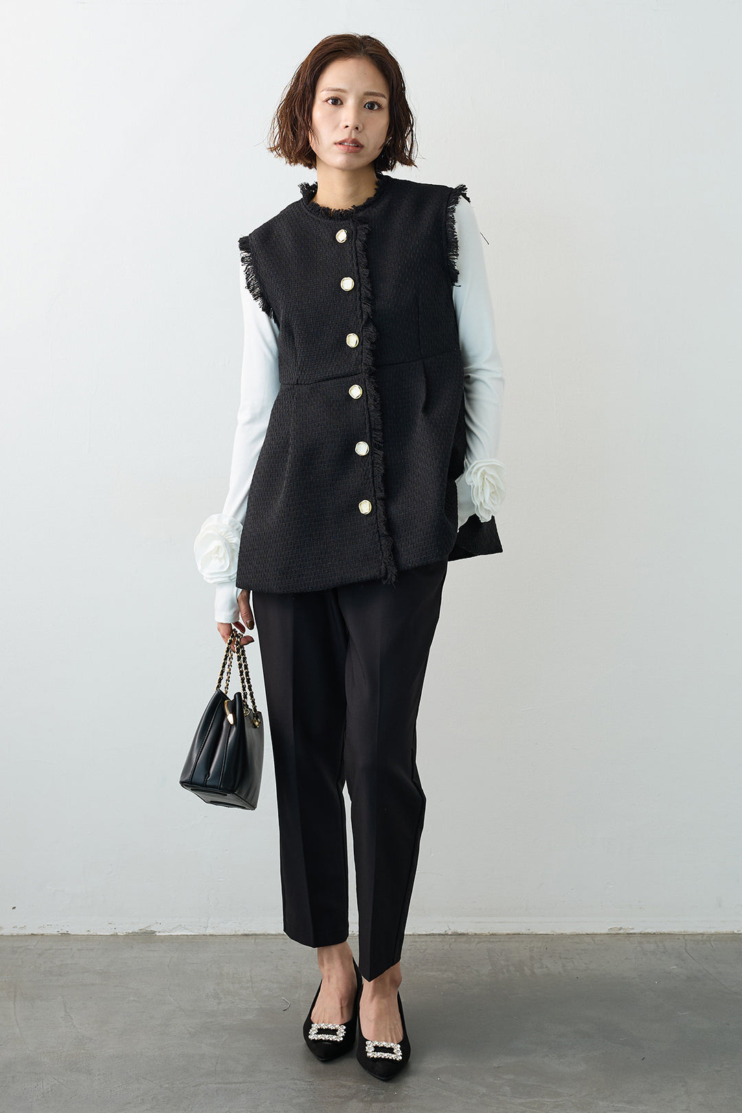 [予約/SET]ツイードペプラム美フォルムジレ+タックテーパードパンツ(2set)