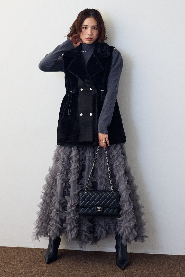 [予約/SET]ネックショルダーパールポイントニット+テディボアウエストドロストベスト+スフレアシメチュールスカート(3set)