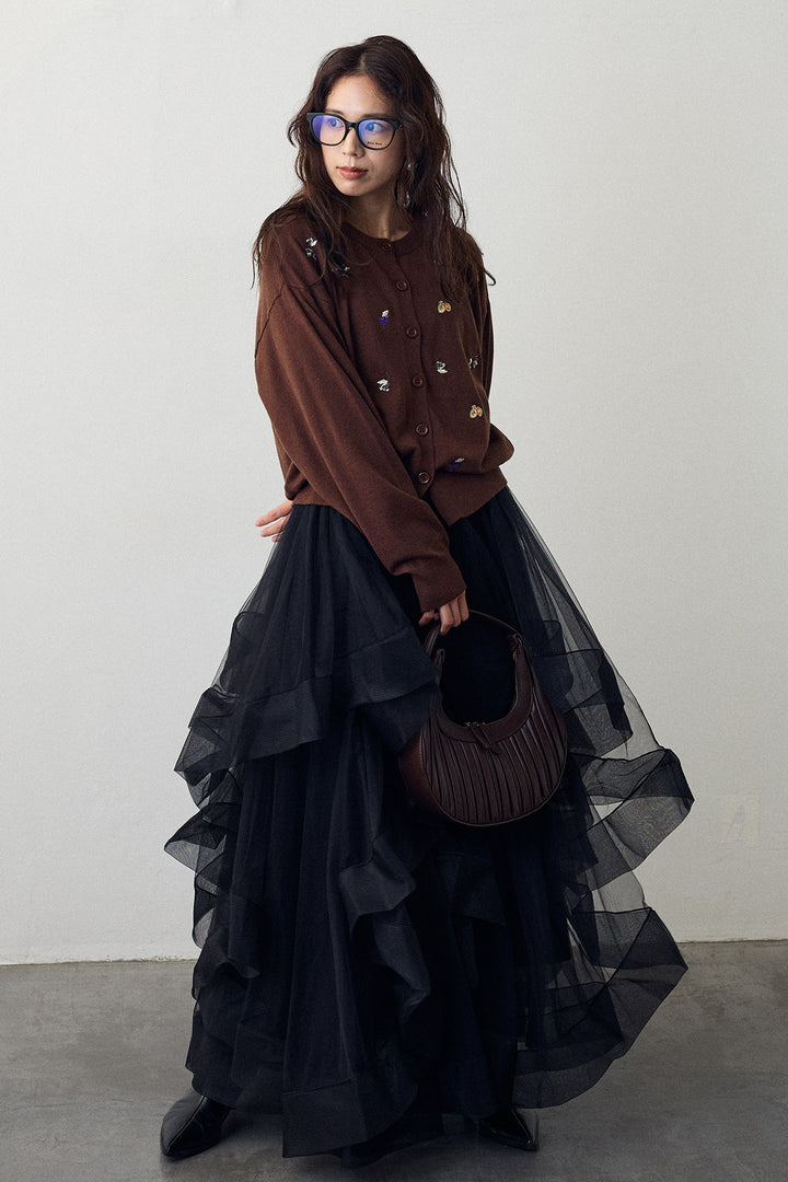 [予約/SET]フルーツフラワー刺繍ニットカーデ+ランダムフリルティアードボリュームスカート(2set)