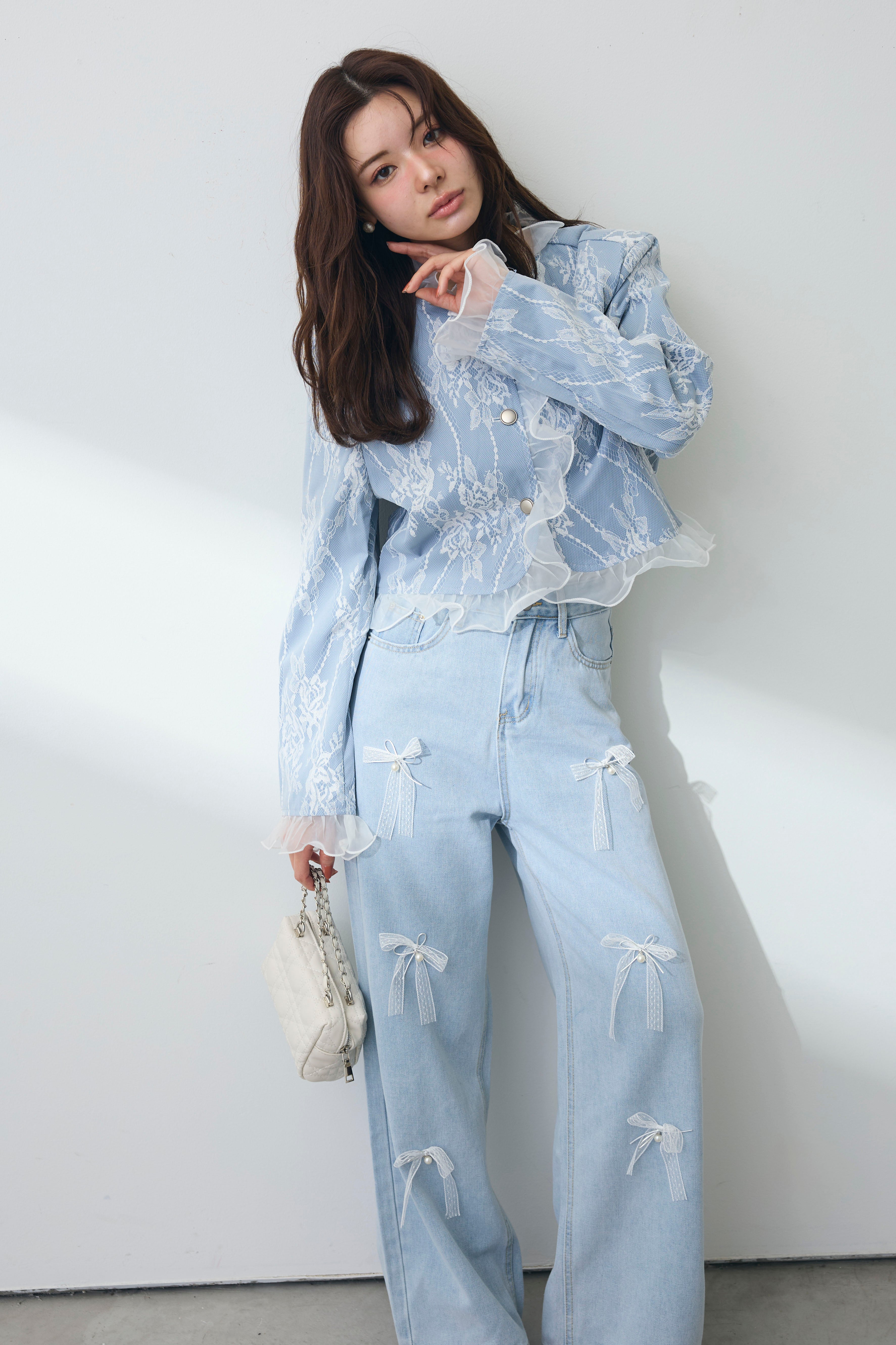 レースデニム　2XL 予約/SET]クラシックレースレイヤードデニムジャケット+メニーリボン美