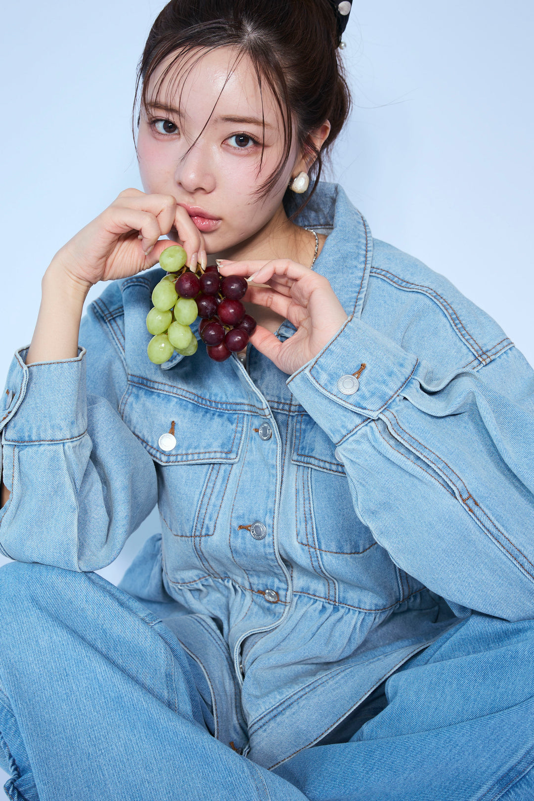 [予約/SET]ペプラムデニムジャケット+フリルウェーブデニムパンツ(2set)