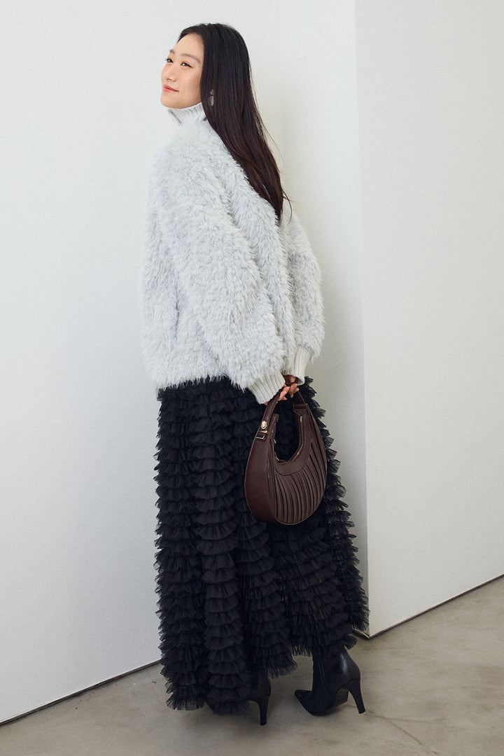 [予約/SET]シャギーファー×リブニットミックスジャケット+ホイップチュールティアードスカート(2set)