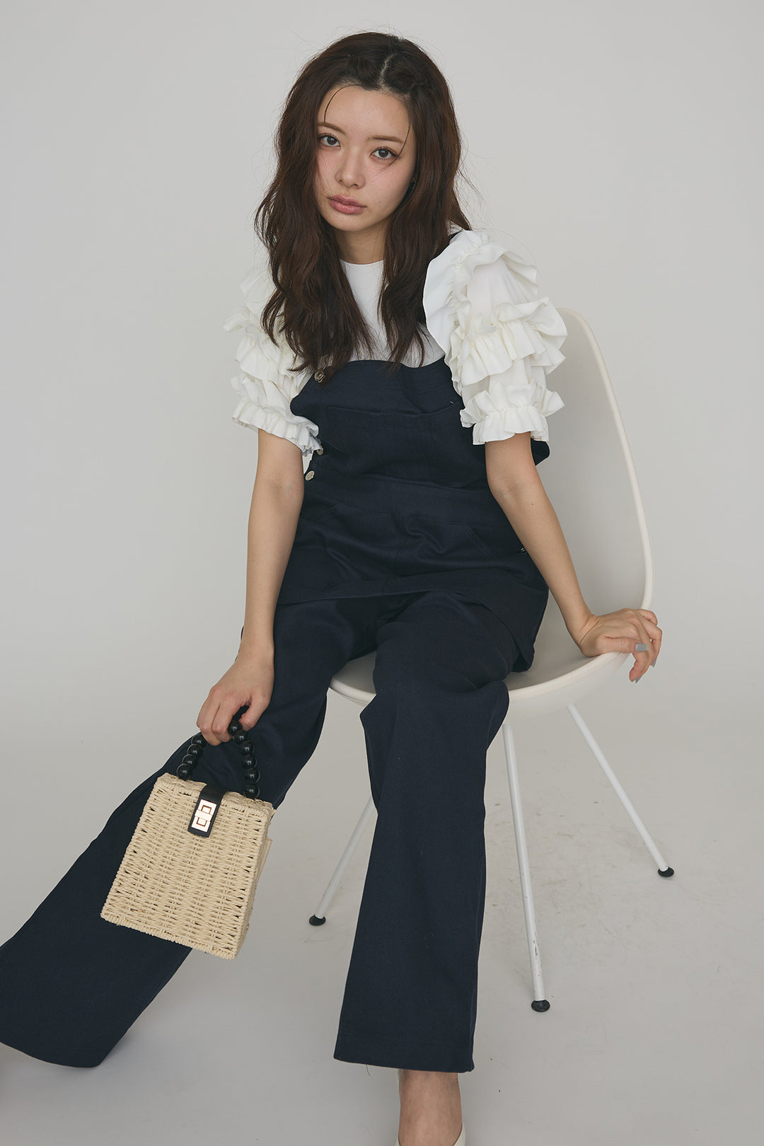 [予約/SET]フリルスリーブプルオーバーブラウス+エプロンデニムサロペ(2set)