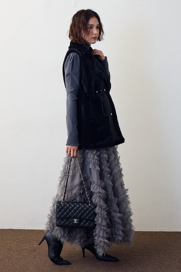 [予約/SET]ネックショルダーパールポイントニット+テディボアウエストドロストベスト(2set)