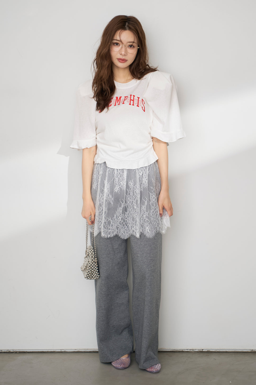 [予約/SET]ロゴパフスリーブデザインTシャツ+繊細レースレイヤードパンツ(2set)