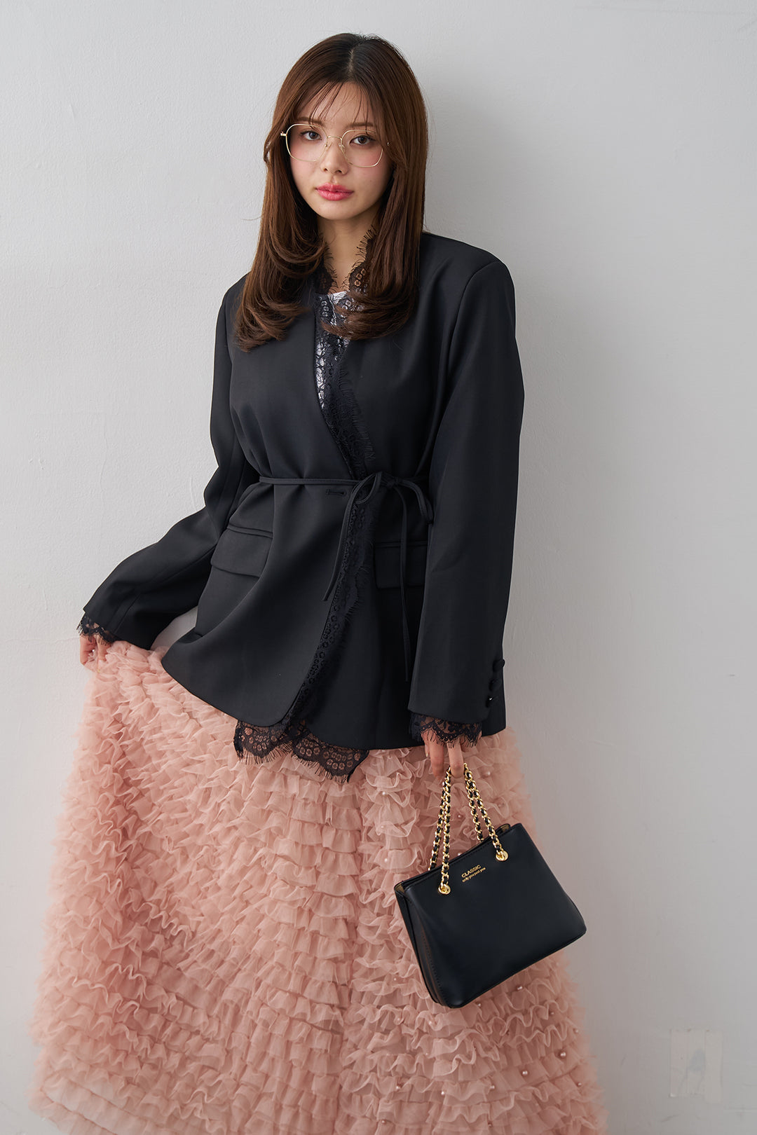 [予約/SET]カシュクールレースドッキングジャケット+パール付きホイップチュールスカート(2set)