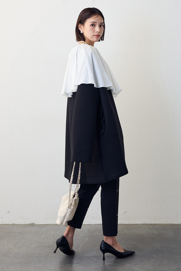 [予約/SET]BIGフリルカラーブラウス+フリルポケットボンディングノーカラーコート+センターシームランダムパールパンツ(3set)