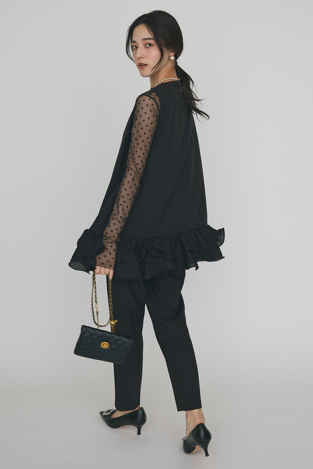 [予約]異素材フリルヘムVネックチュニック