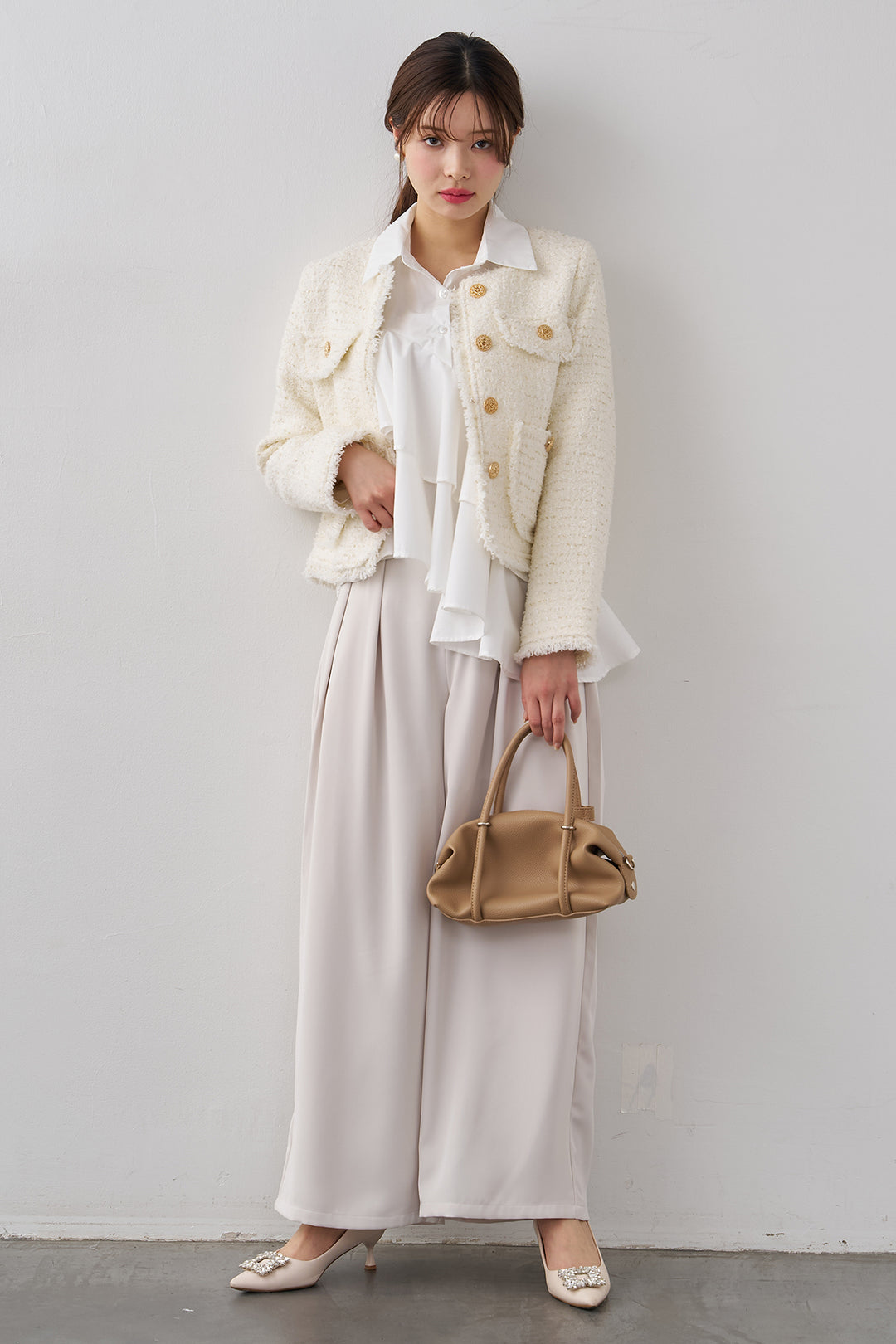 [予約/SET]フリンジツイードゴールドボタンジャケット+エステルツイルタックワイドカラーパンツ(2set)