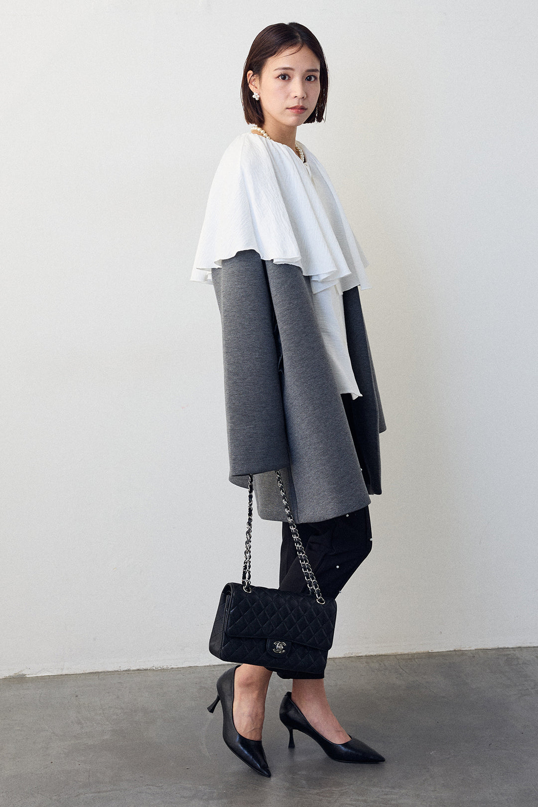 [予約/SET]BIGフリルカラーブラウス+フリルポケットボンディングノーカラーコート(2set)