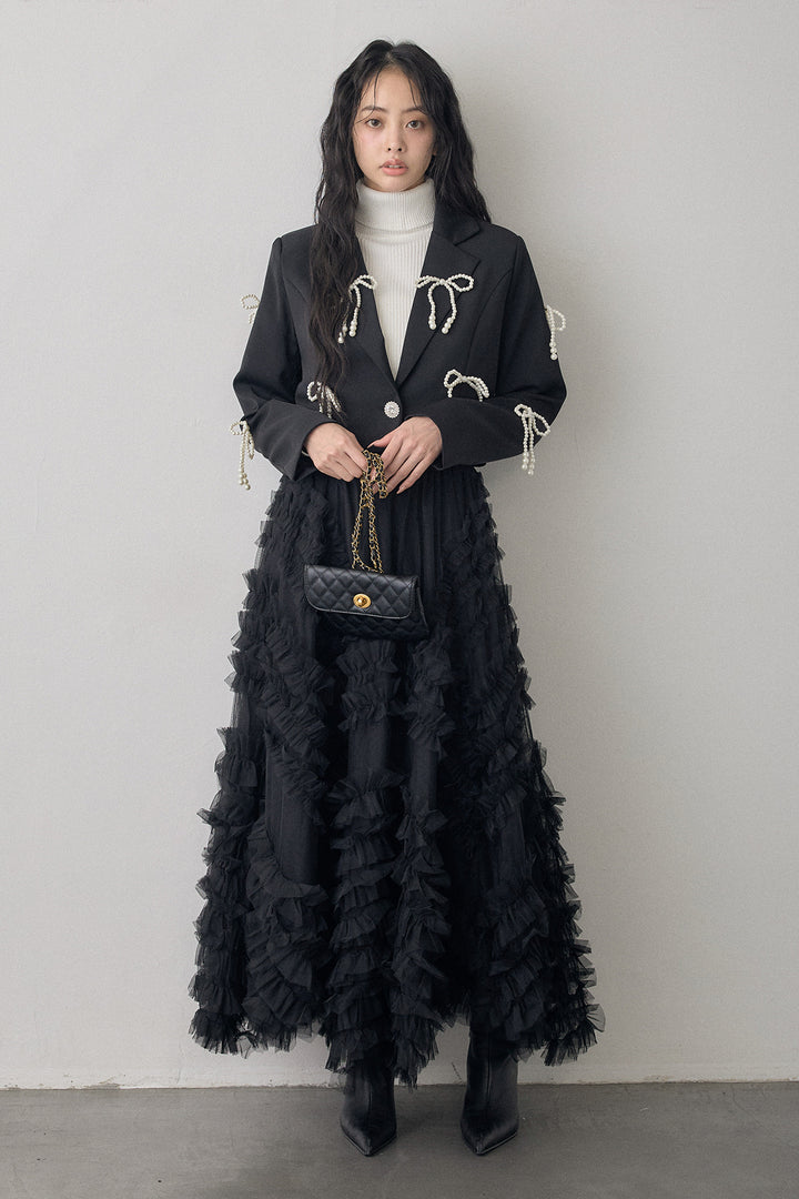 [予約/SET]パールリボンクロップドジャケット+スフレアシメチュールスカート(2set)