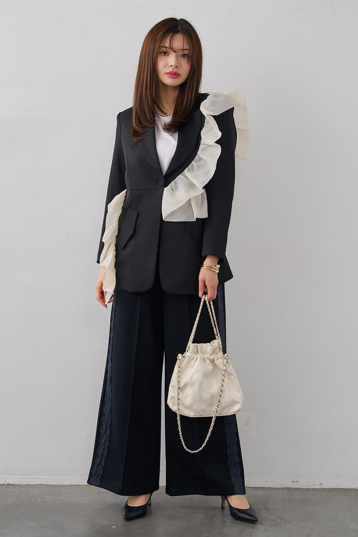 [予約/SET]アシメフリルマニッシュジャケット+サイドレースWフェイスカットソーパンツ(2set)