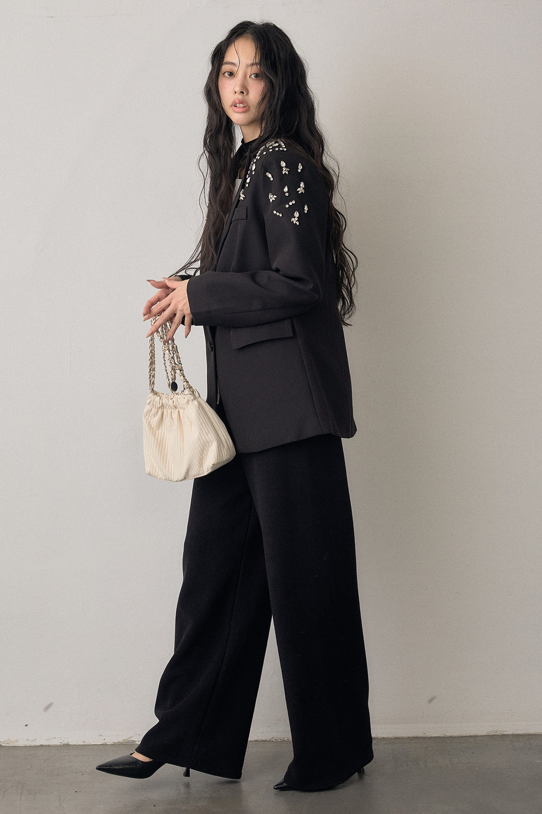 [予約/SET]ショルダービジューマニッシュジャケット+ウォームタッチイージーパンツ(2set)