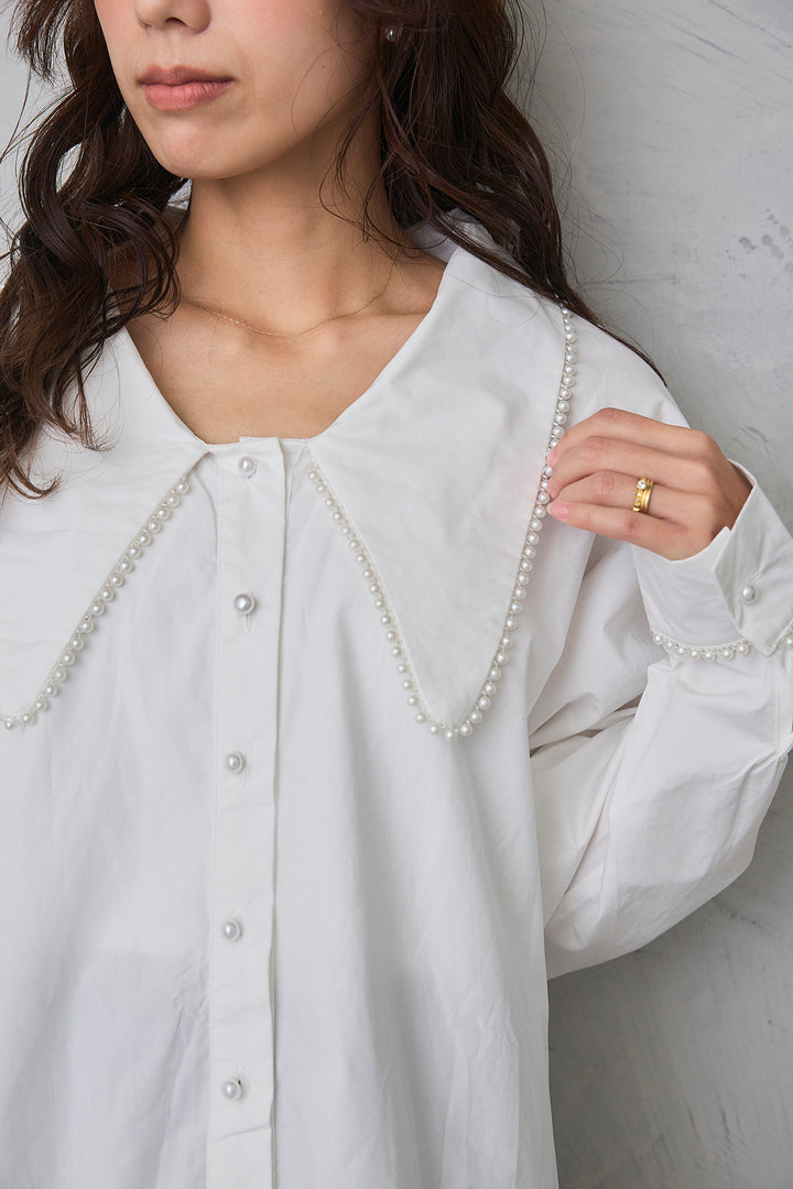 [予約]パールライン襟×プリーツシャツ