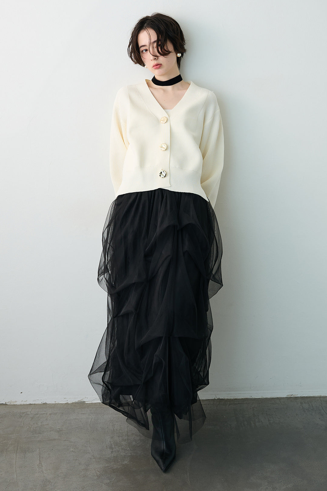 [予約/SET]スポンディッシュBIGボタンクロップドカーデ+マルチパターンタックチュールスカート(2set)