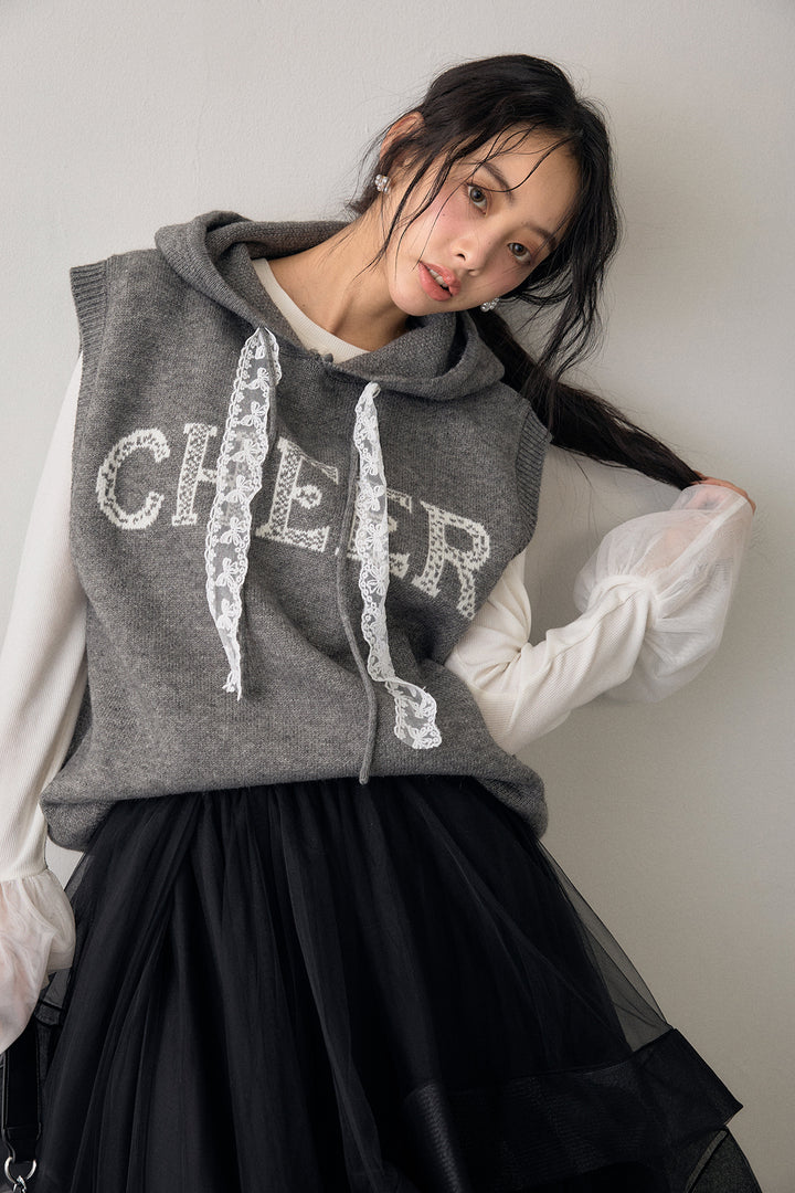 [予約/SET]チュールシアーカフスリブニット+レースリボンロゴフードスリーブレスニット+ランダムフリルティアードボリュームスカート(3set)