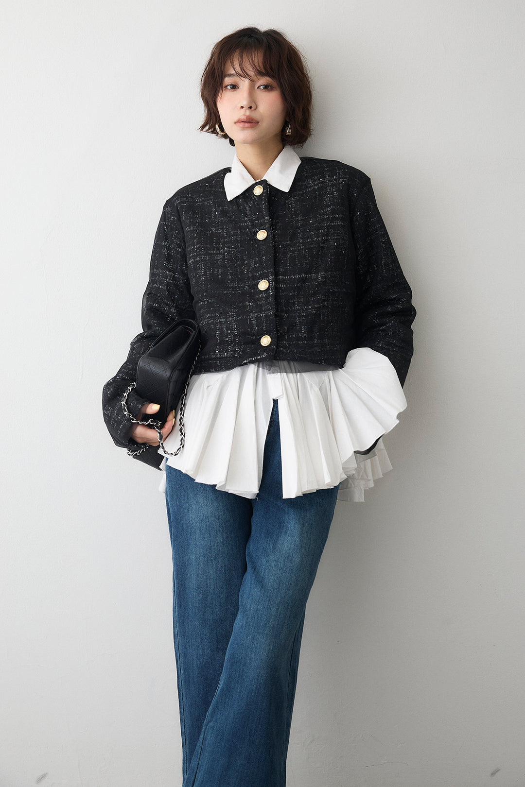 [予約/SET]パネルフレアヘムシャツ+ツイード×チュールレイヤードクロップドジャケット+フリルヘムデニムパンツ(3set)