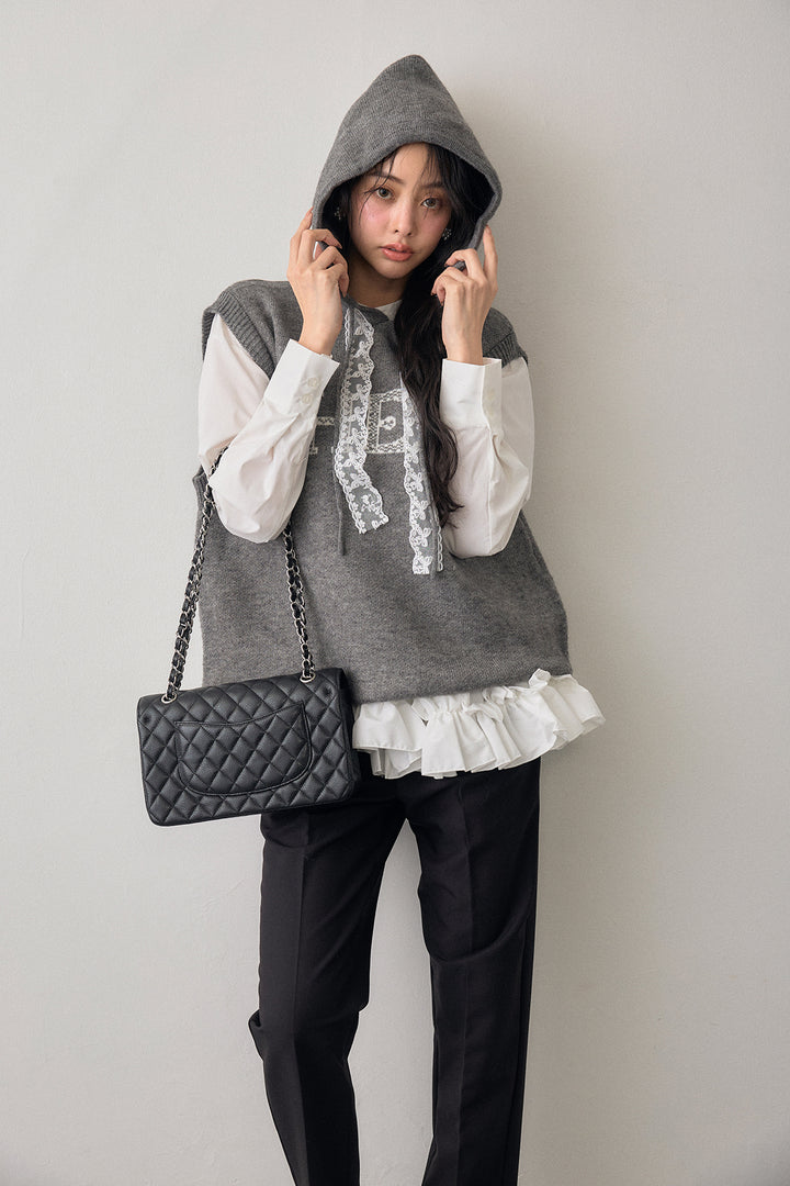 [予約/SET]レースリボンロゴフードスリーブレスニット+タックテーパードパンツ(2set)