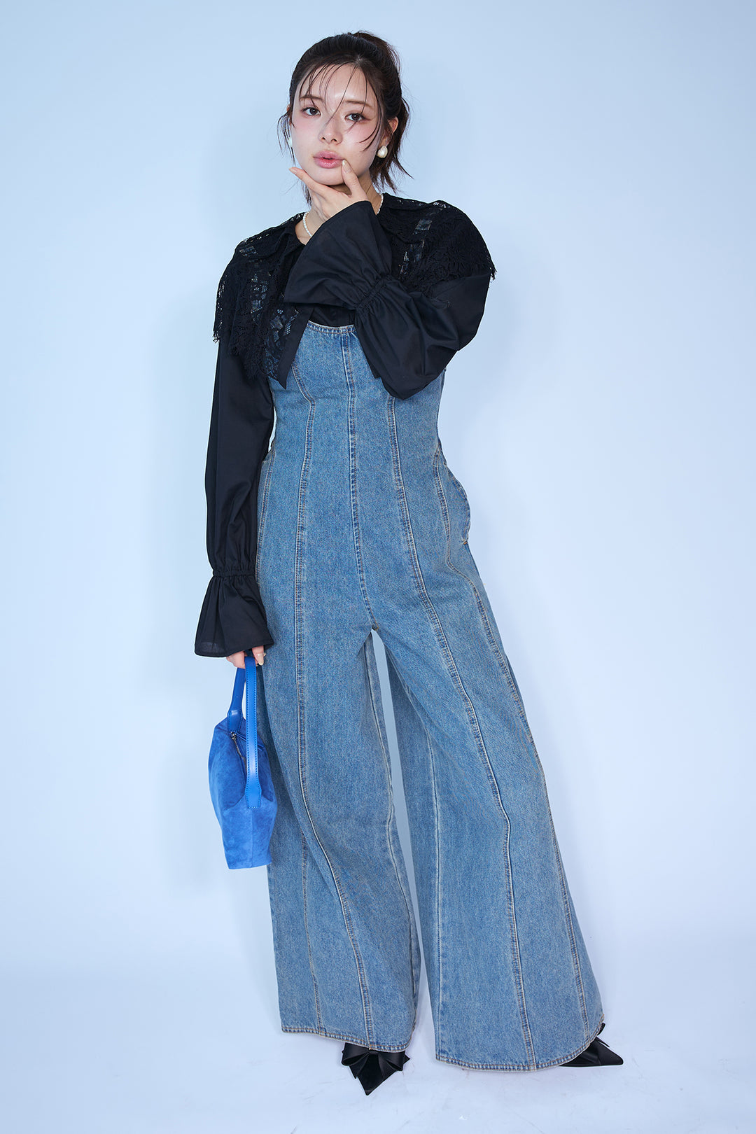 [予約/SET]繊細レースカラーキャンディースリーブブラウス+美ラインデニムサロペット(2set)