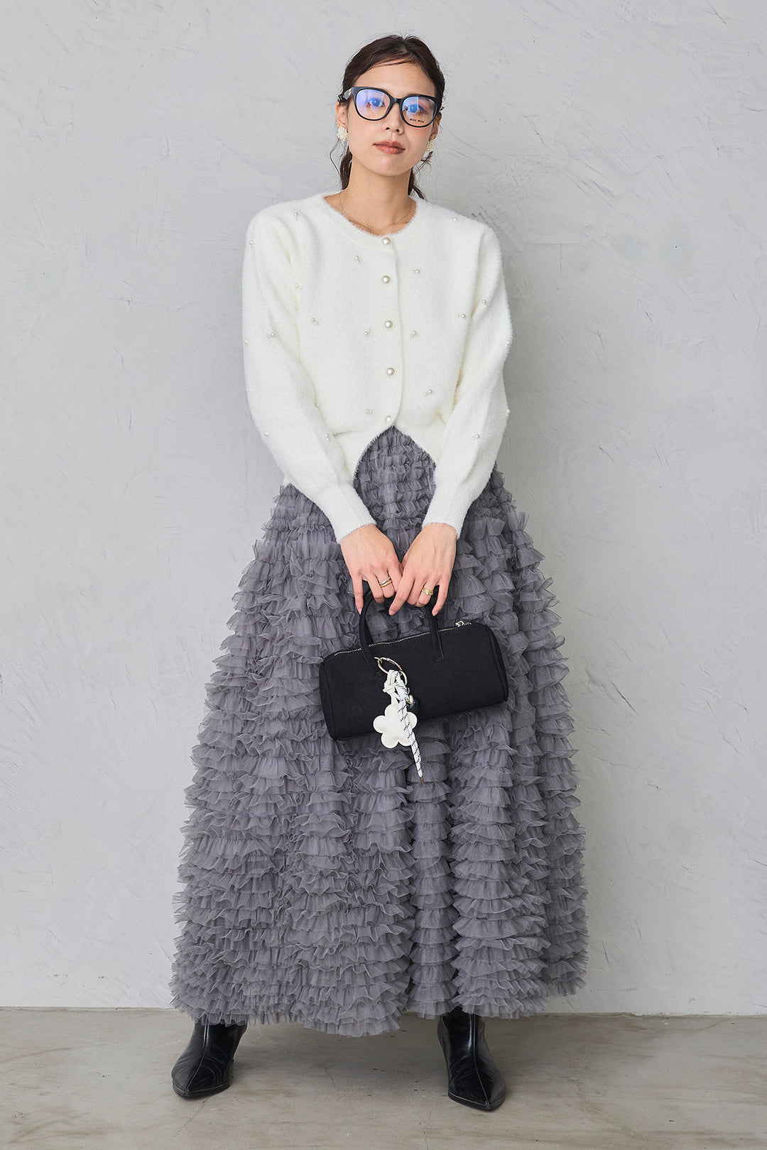 [予約/SET]ミックスパールシャギーコーディガン+ホイップチュールティアードスカート(2set)