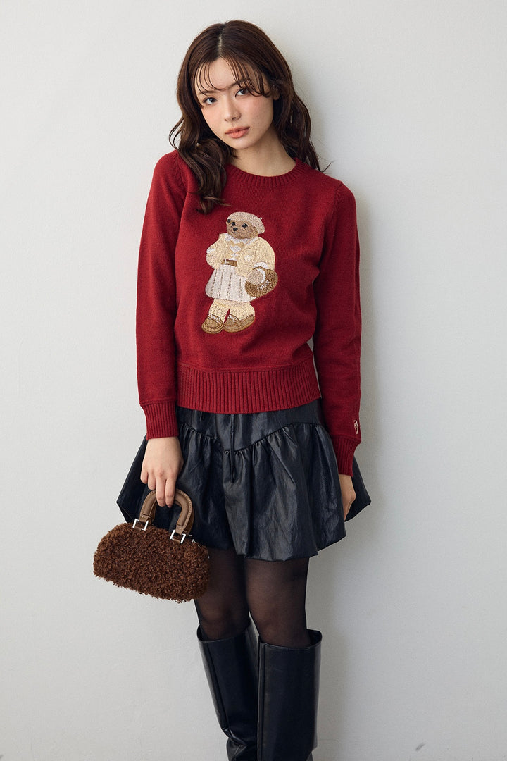 [予約/SET]モチーフベアニットプルオーバー+フェイクレザーティアードバルーンミニスカート(2set)