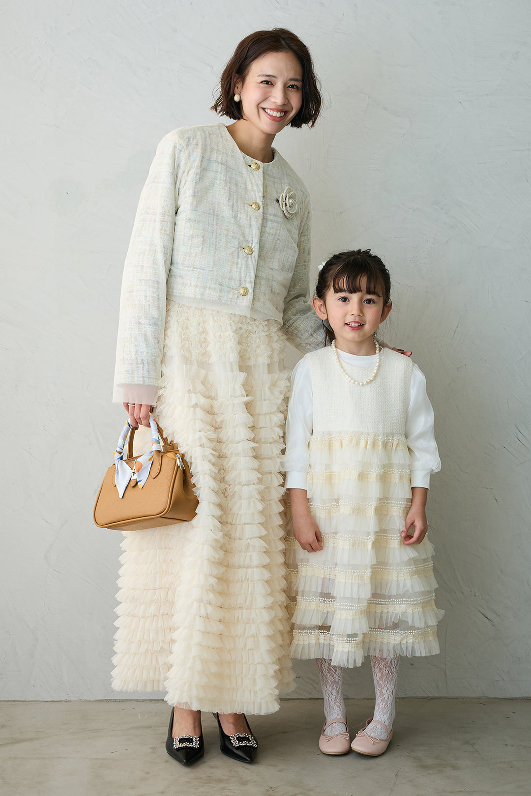 [予約/親子SET][kids]ティアードプリーツパールワンピセット+ツイード×チュールレイヤードクロップドジャケット+ホイップチュールティアードスカート(3set)