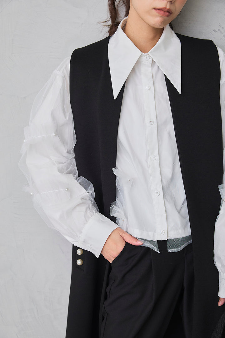 [予約/SET]チュールレイヤードパールシャツ+タックテーパードパンツ(2set)