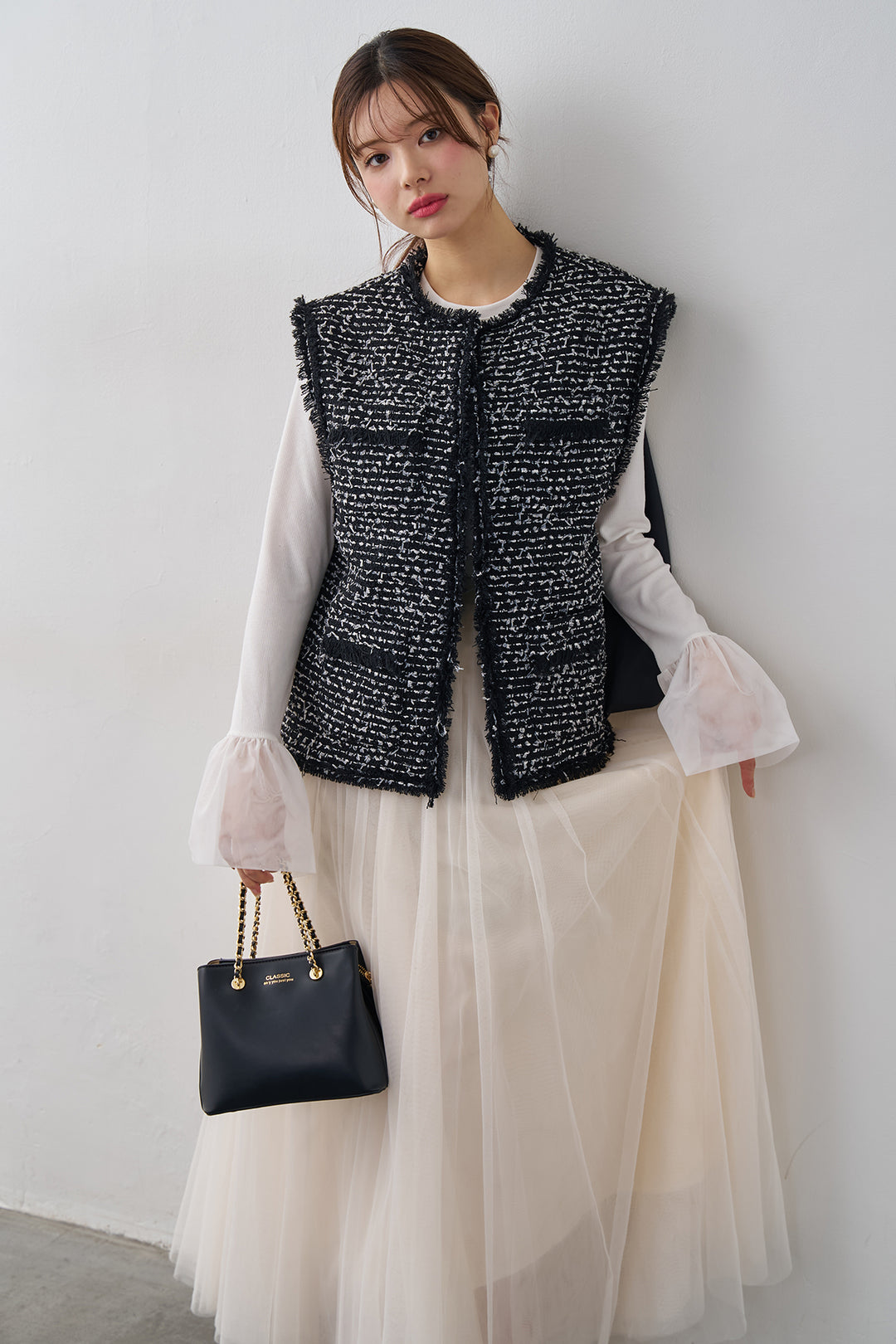 [予約/SET]チュールシアーカフスリブニット+異素材切り替えツイードベスト+エアリーチュールフレアスカート(3set)