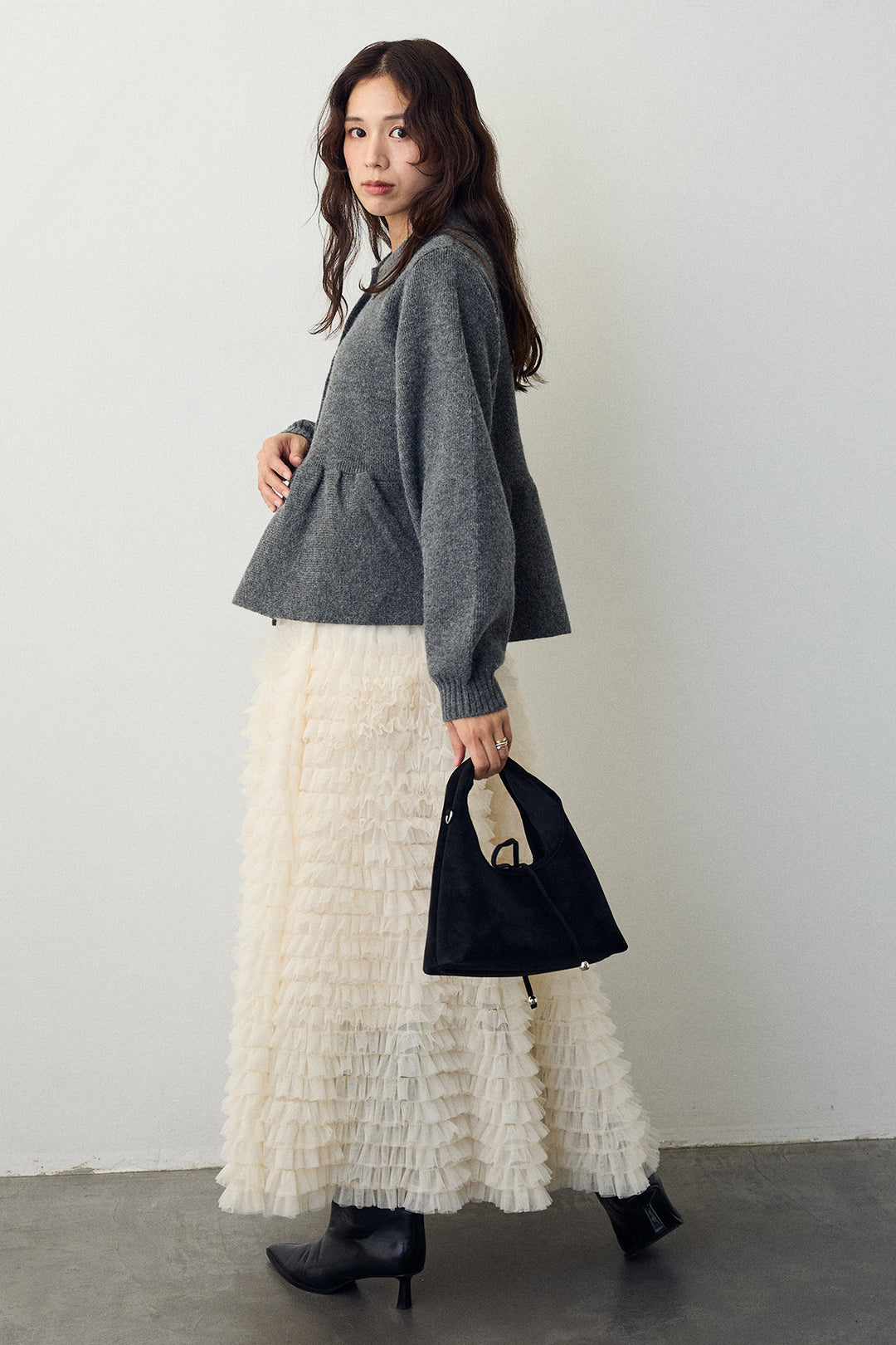 [予約/SET]ポロ襟ペプラムニットプルオーバー+ホイップチュールティアードスカート(2set)