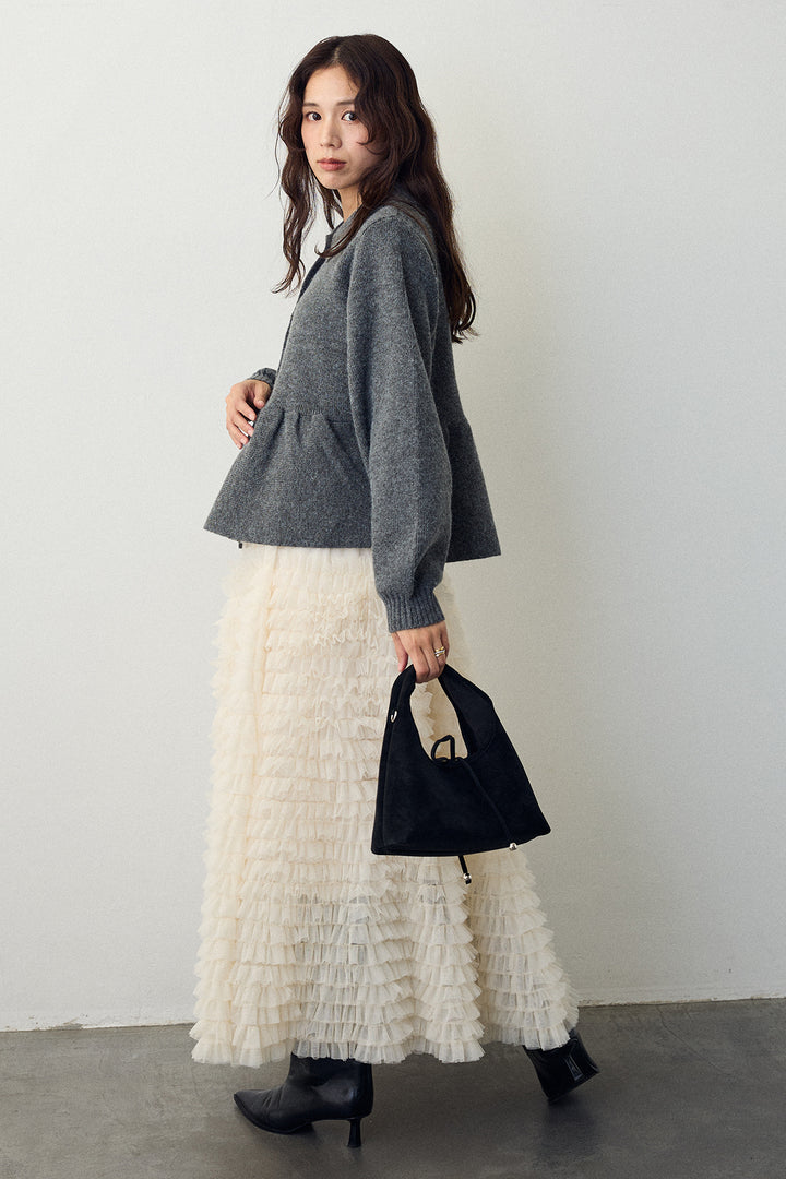 [予約/SET]ポロ襟ペプラムニットプルオーバー+ホイップチュールティアードスカート(2set)
