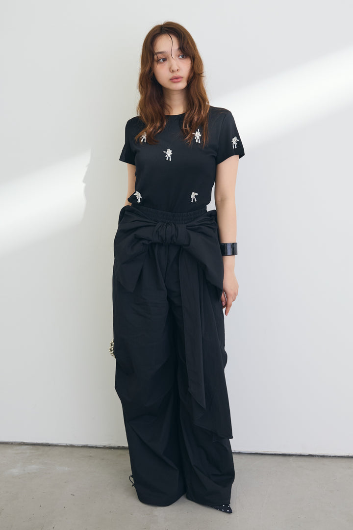 [予約/SET]ビジューモチーフデザインTシャツ+マルチウェイリボンカーゴデザインパンツ(2set)