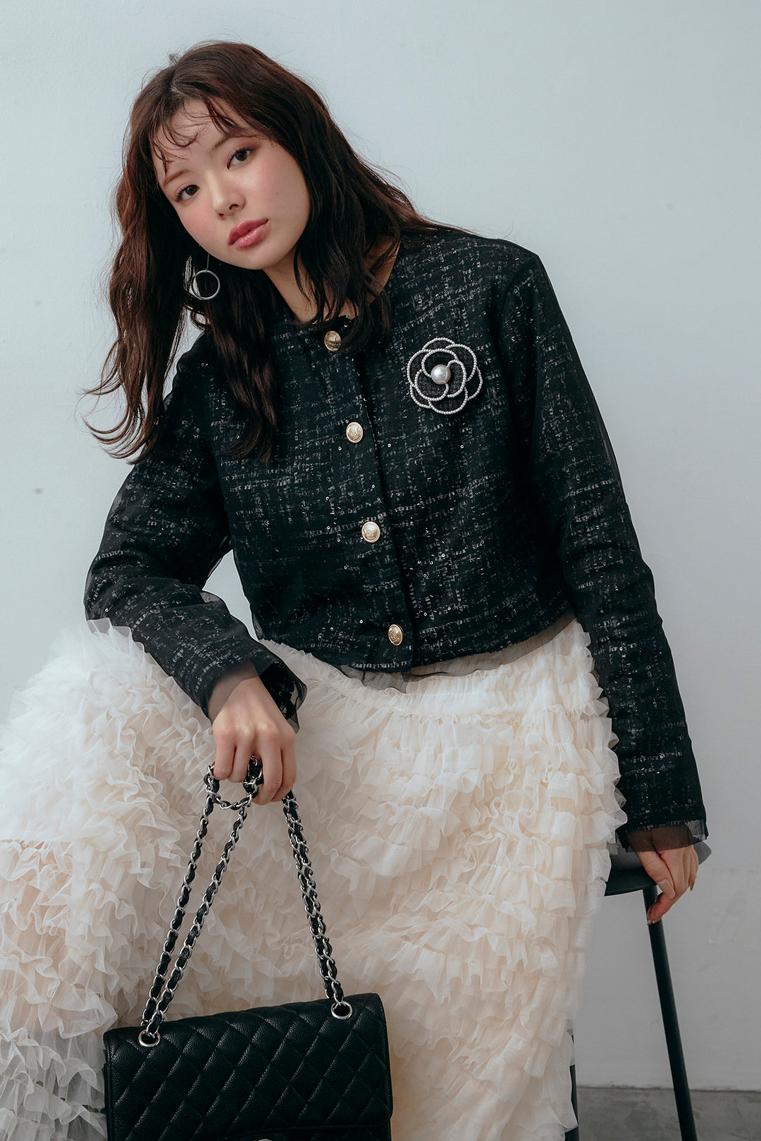 [予約/SET]ツイード×チュールレイヤードクロップドジャケット+ホイップチュールティアードスカート(2set)