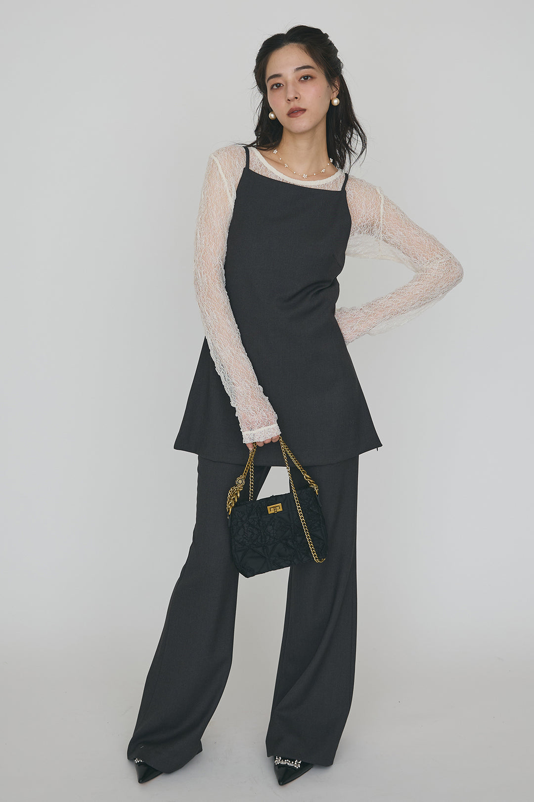 [予約/SET]バックリボン美シルエットキャミチュニック+美脚セミフレアパンツ(2set)