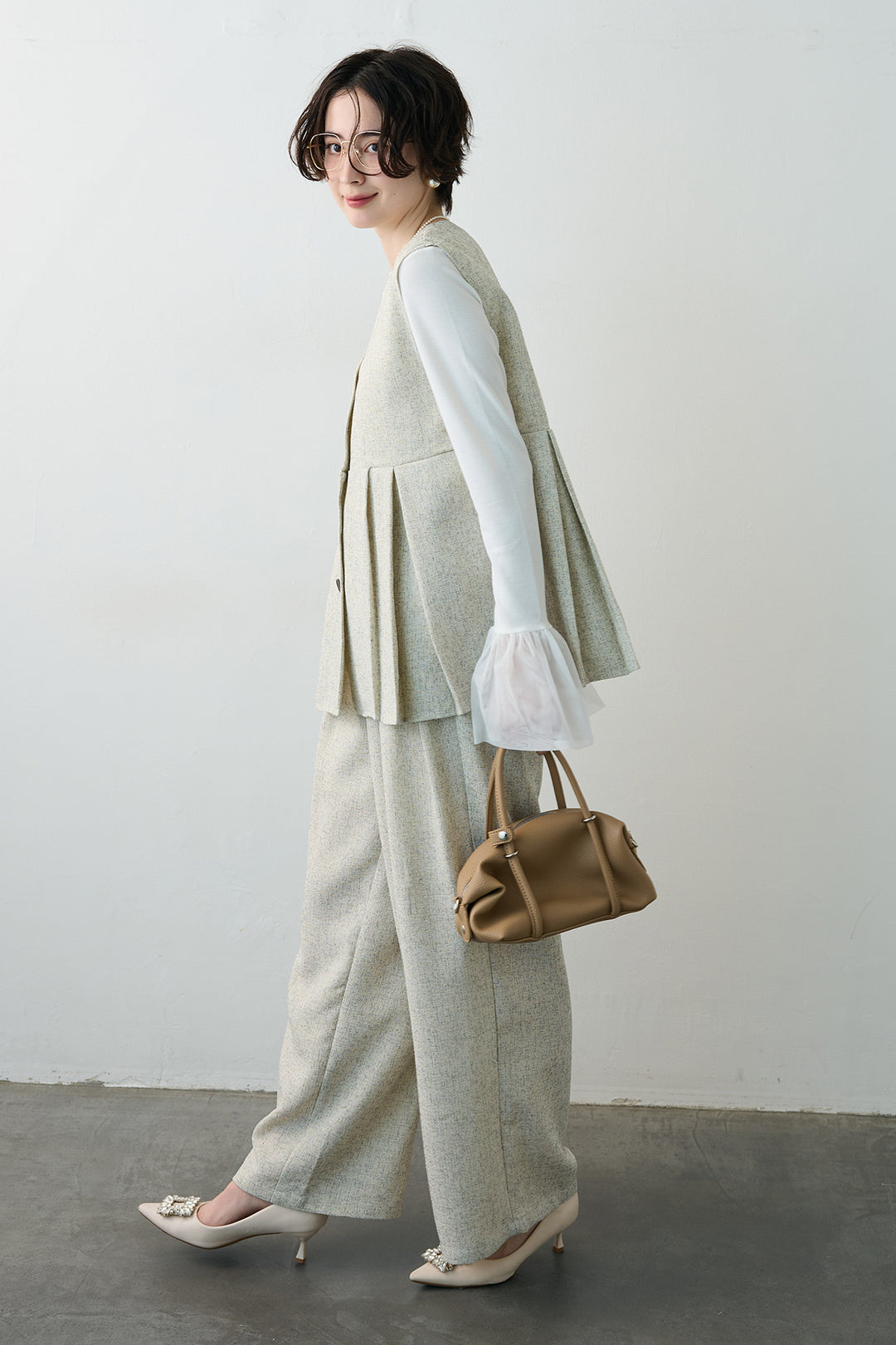 [予約/SET]サマーツイードボックスプリーツベスト+サマーツイードウエストラインタックパンツ(2set)