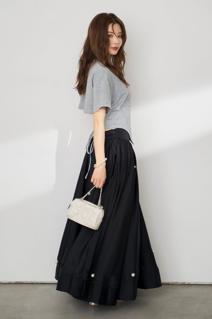 [予約/SET]バックレースアップTシャツ+ビッグパールデコレーションボリュームフレアスカート(2set)