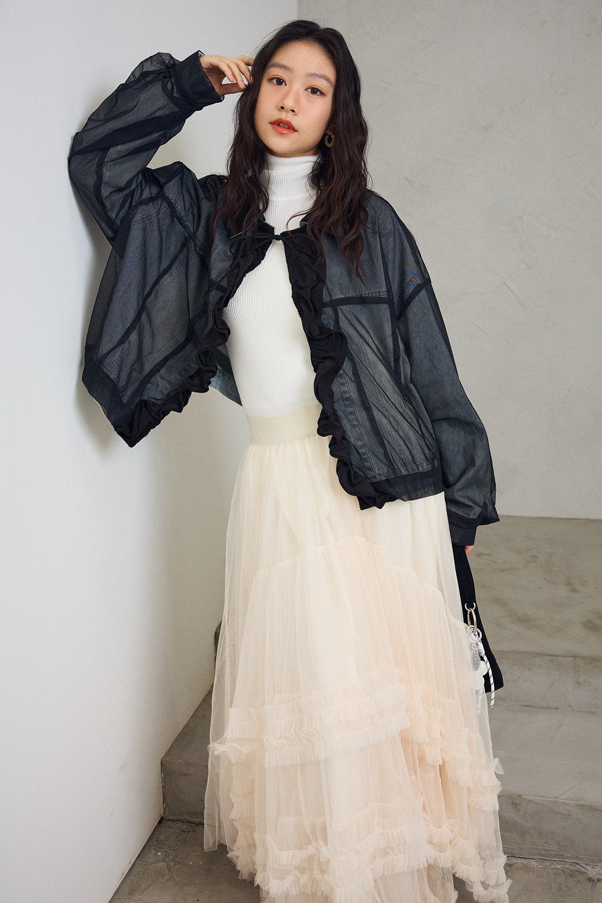 予約]デニム×チュールレイヤードフリルジャケット – Frene