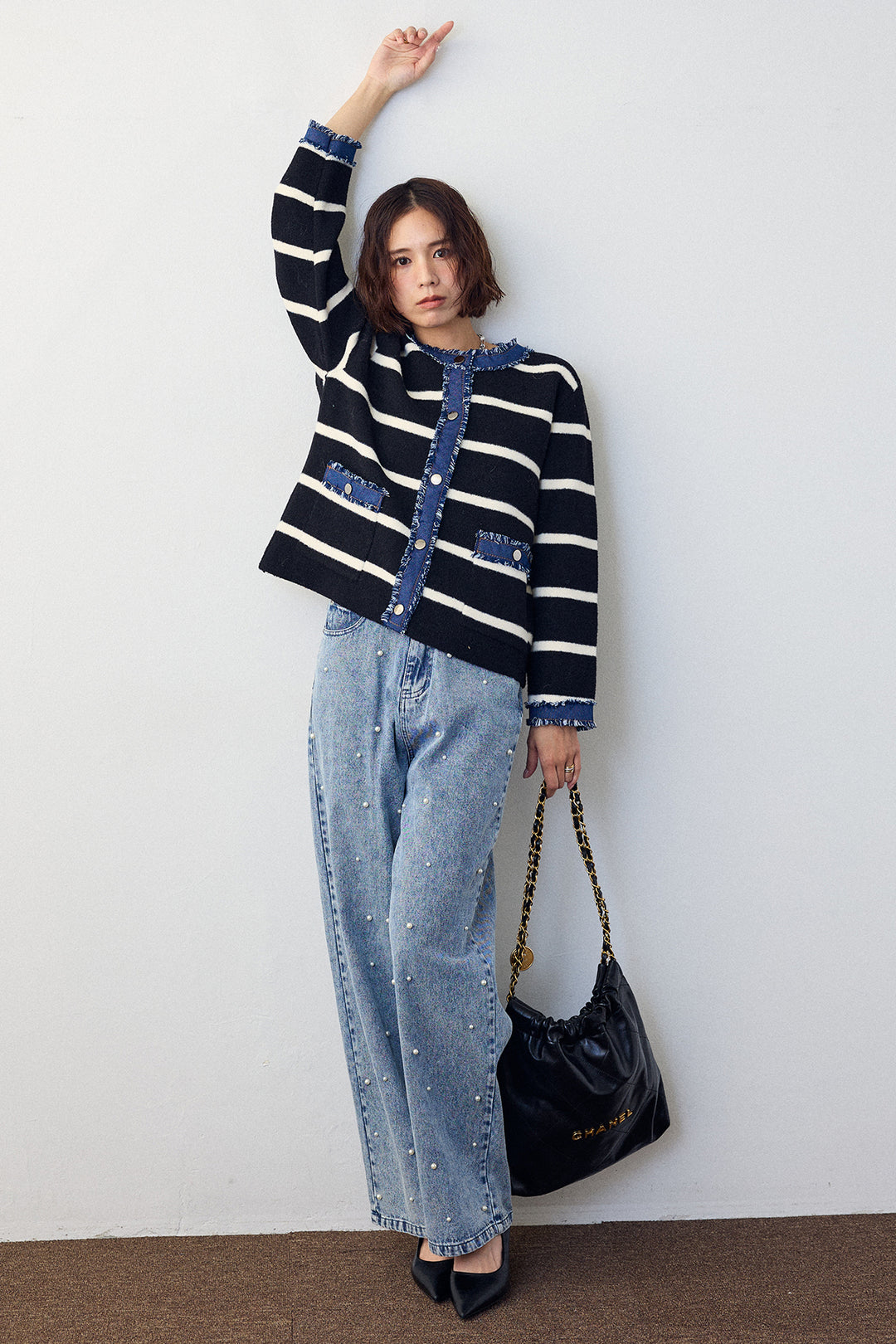 [予約/SET]デニムドッキングマルチパターンカーデ+パールスタッズストレートハイウエストデニム(2set)