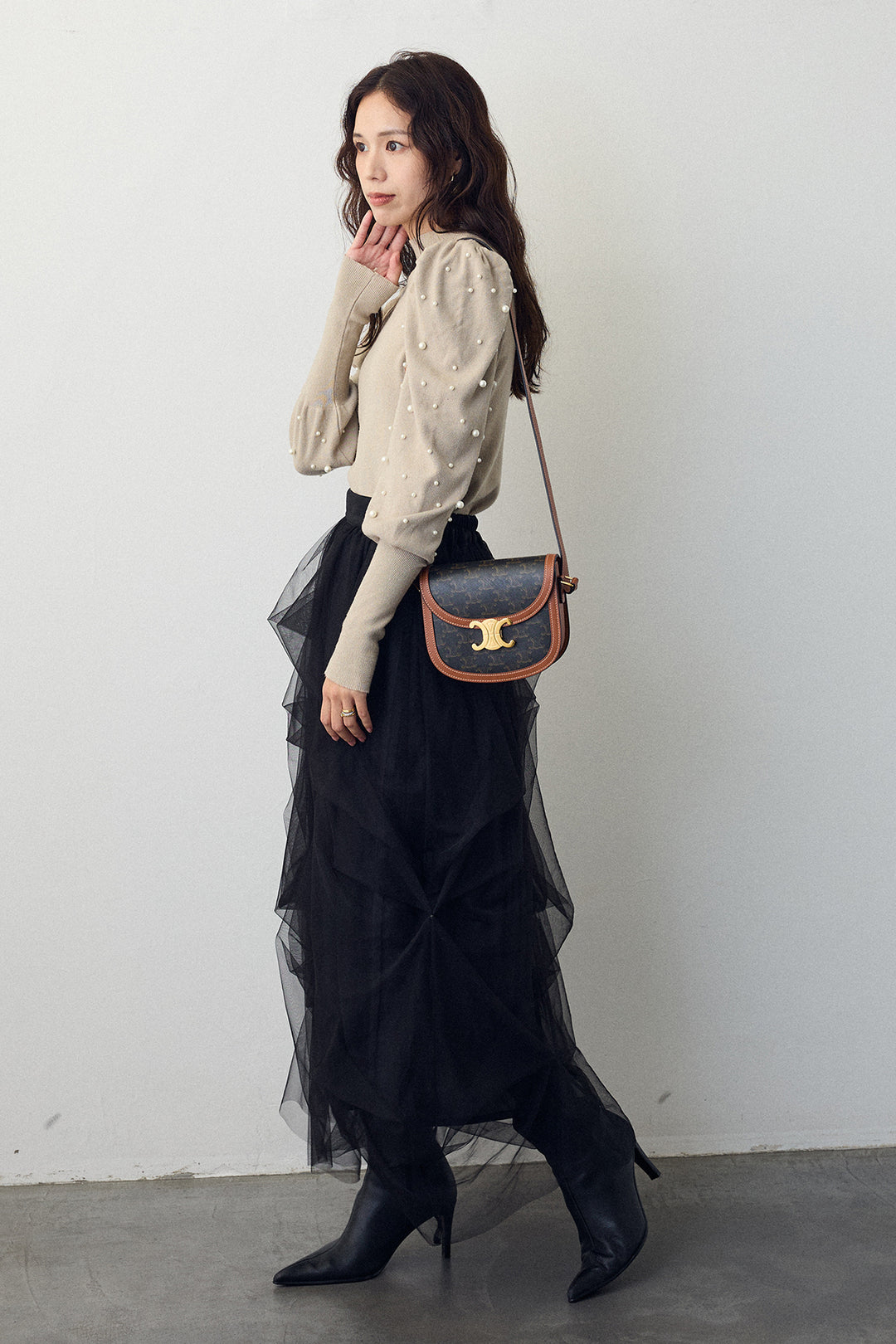 [予約/SET]パフスリーブランダムパールニット+マルチパターンタックチュールスカート(2set)