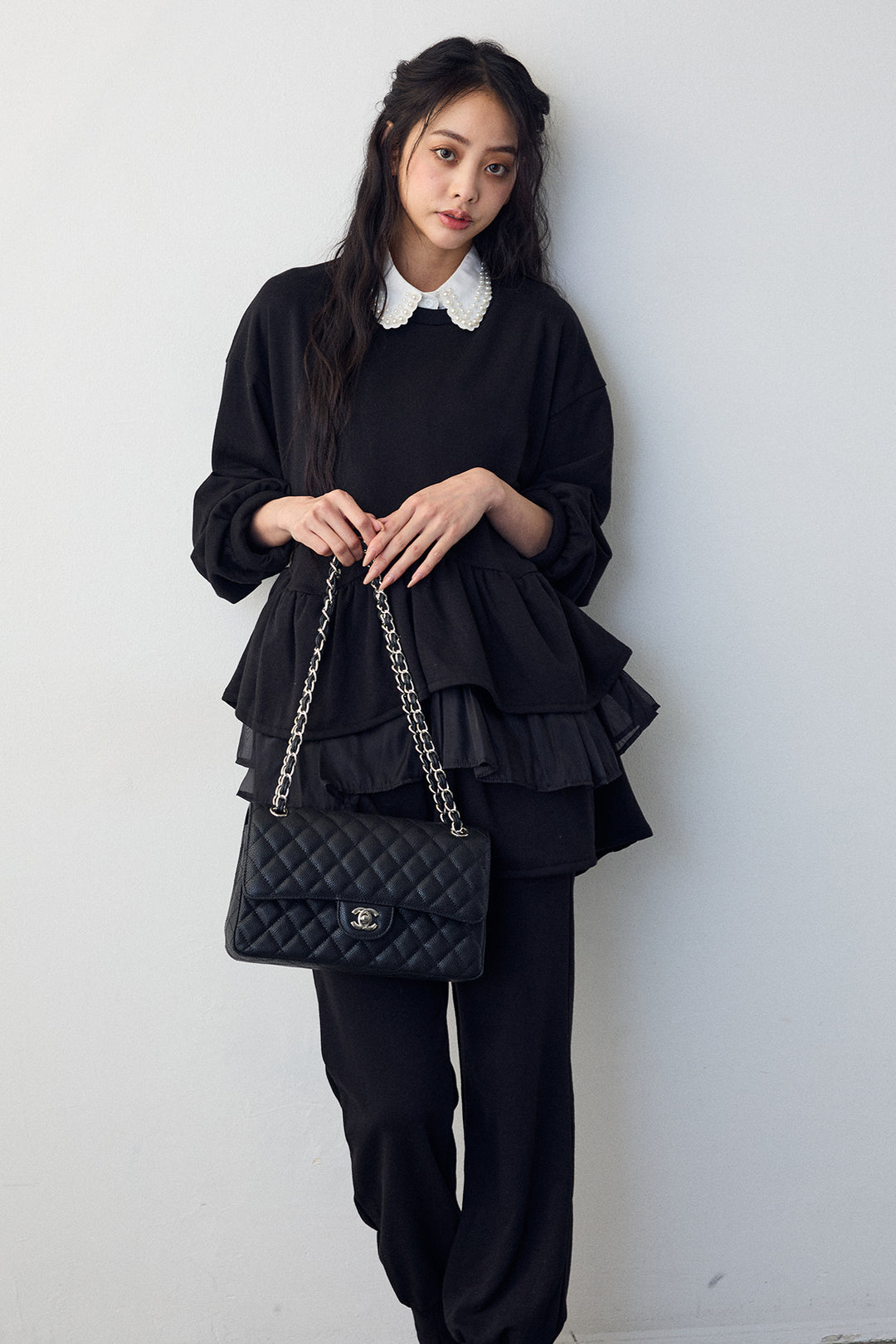 [予約]異素材ミックスフリルティアードスウェットPO