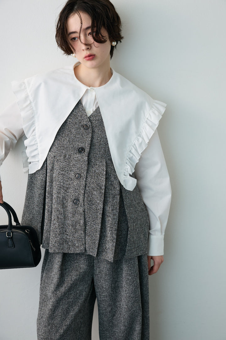 [予約/SET]BIGフリルデザインシャツ+サマーツイードボックスプリーツベスト+サマーツイードウエストラインタックパンツ(3set)