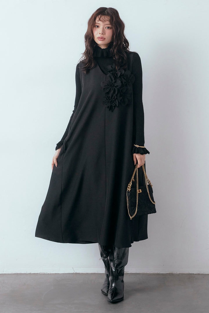 [予約/SET]ダブルフリルカラーニットプルオーバー+アシメフラワーモチーフVネックワンピース(2set)