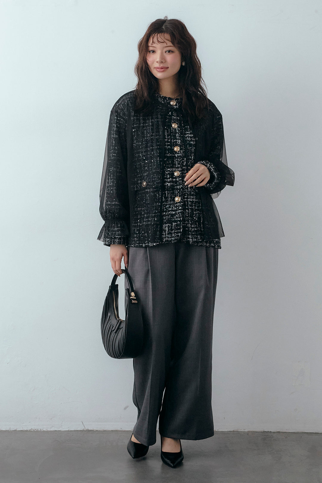 [予約/SET]2wayチュールレイヤードツイードジャケット+スプリングカラータックストレートパンツ(2set)