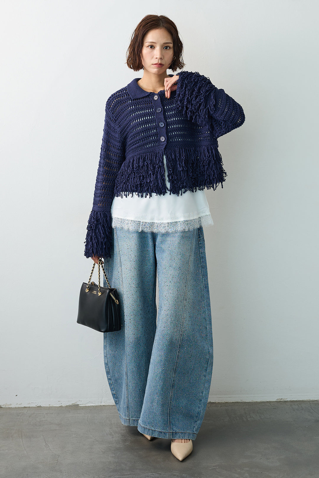 [予約/SET]メッシュフリンジクロップドニット+スパークルラインストーンカーブデニム(2set)