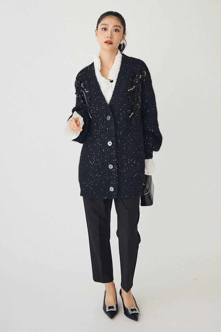 [予約/SET]ダブルプリーツカラーブラウス+ビーズフラワースパンコールシャイニーニットカーデ+タックテーパードパンツ(3set)