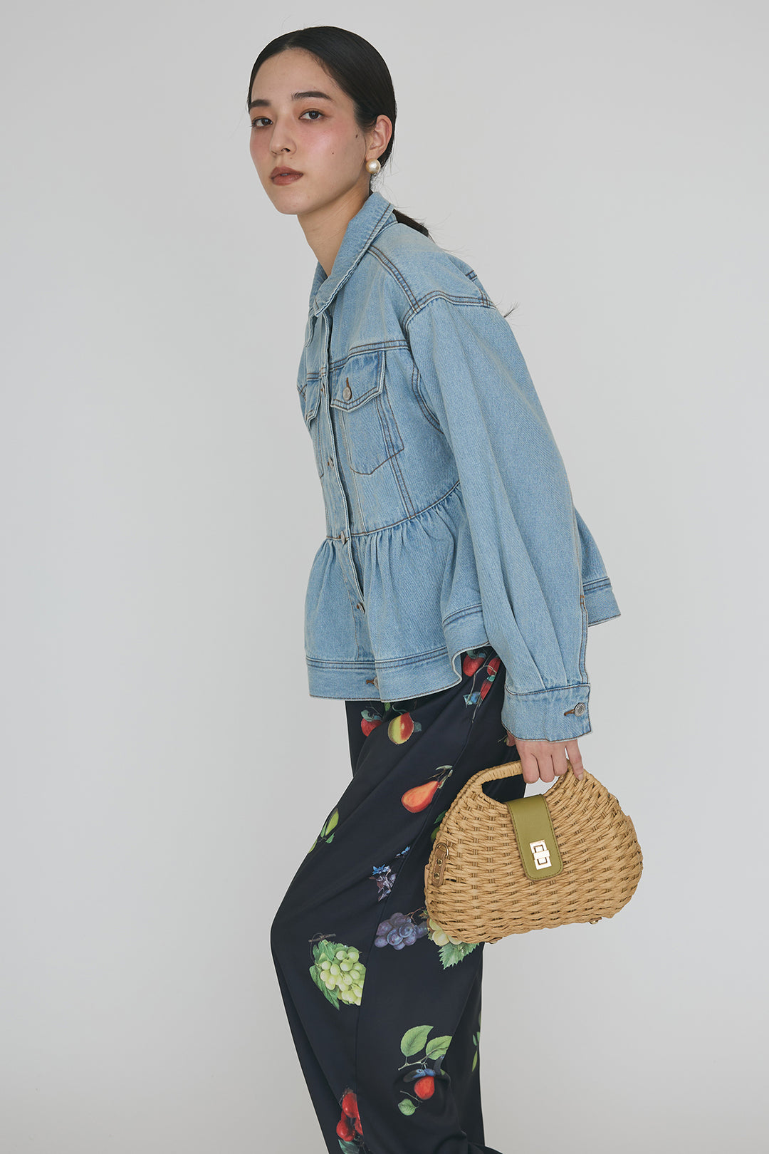 [予約/SET]ペプラムデニムジャケット+フルーツパターンストレートパンツ(2set)