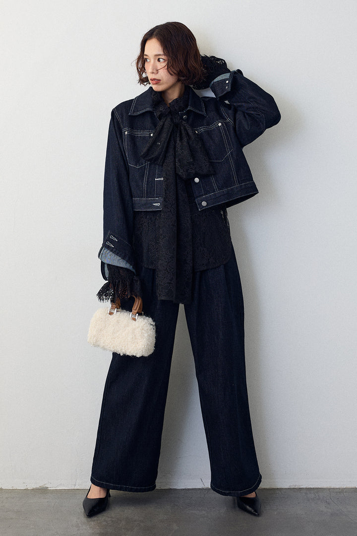 [予約/SET]クラシカルレースボウタイブラウス+クロップドデニムセットアップ(2set)