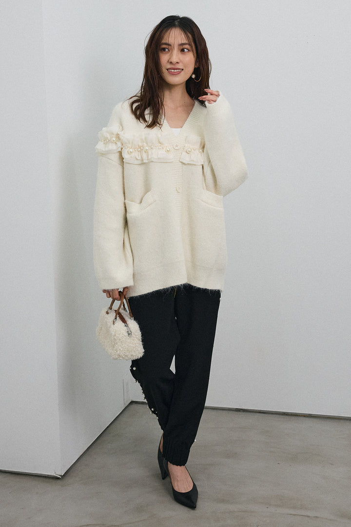 [予約/SET]フリルパールドッキングニットコーディガン+サイドパール裾タックジョガーパンツ(2set)