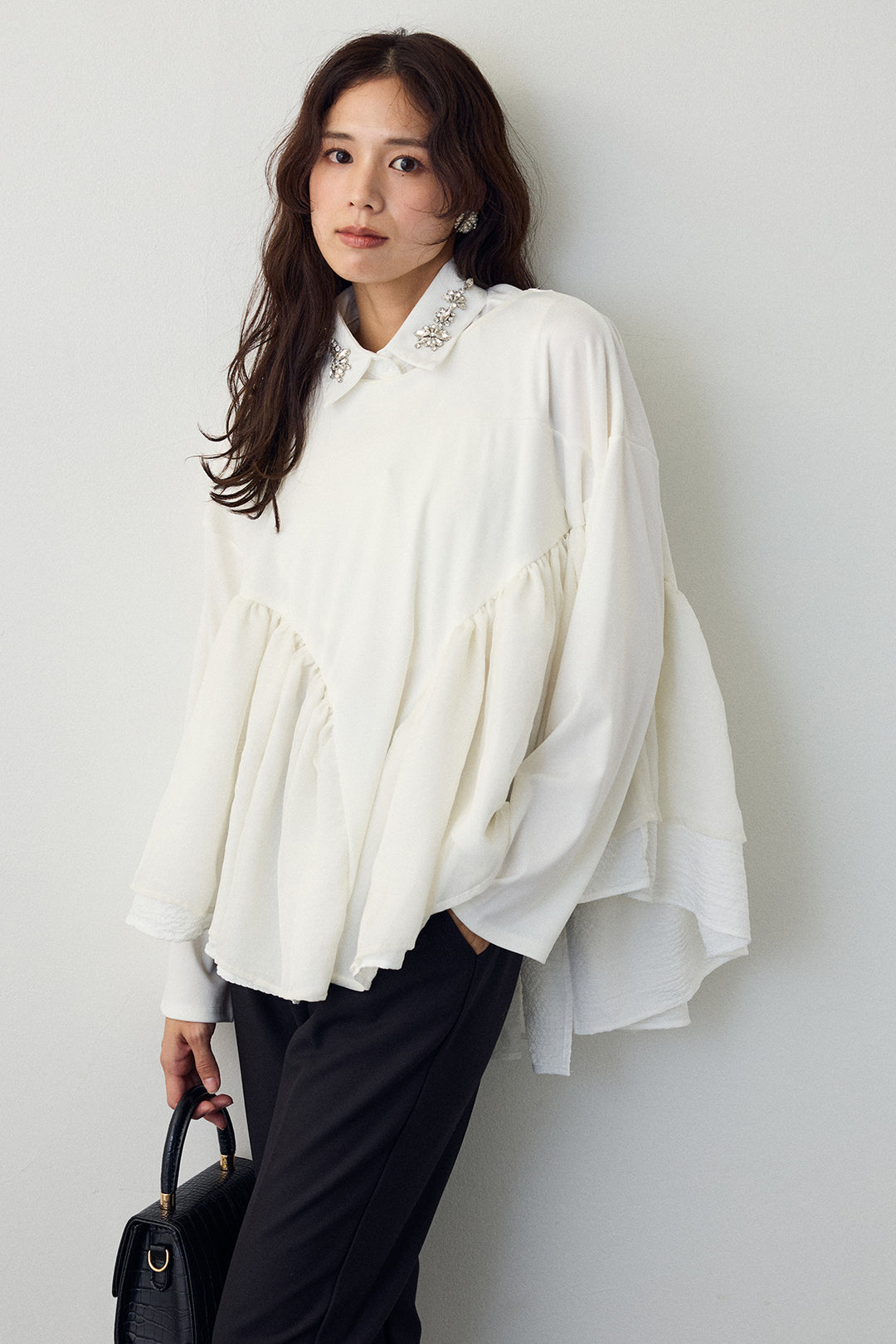 [予約/SET]フリルテール異素材切替チュニック+タックテーパードパンツ(2set)