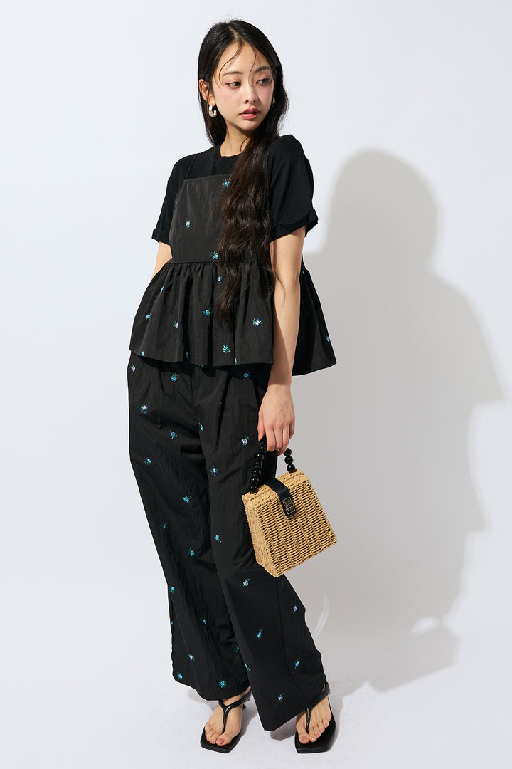 [予約/SET]ベーシック美ラインTシャツ+フラワー刺繍タフタキャミトップス+フラワー刺繍タフタストレートパンツ(3set)